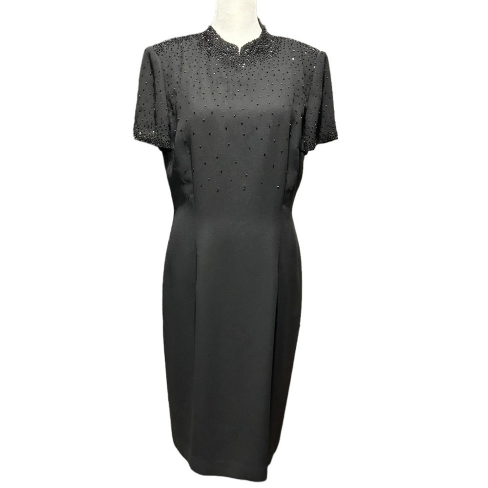 Donna Morgan Beaded Sheath Black Dress Zip Back Faux Button Up Lined Size 10